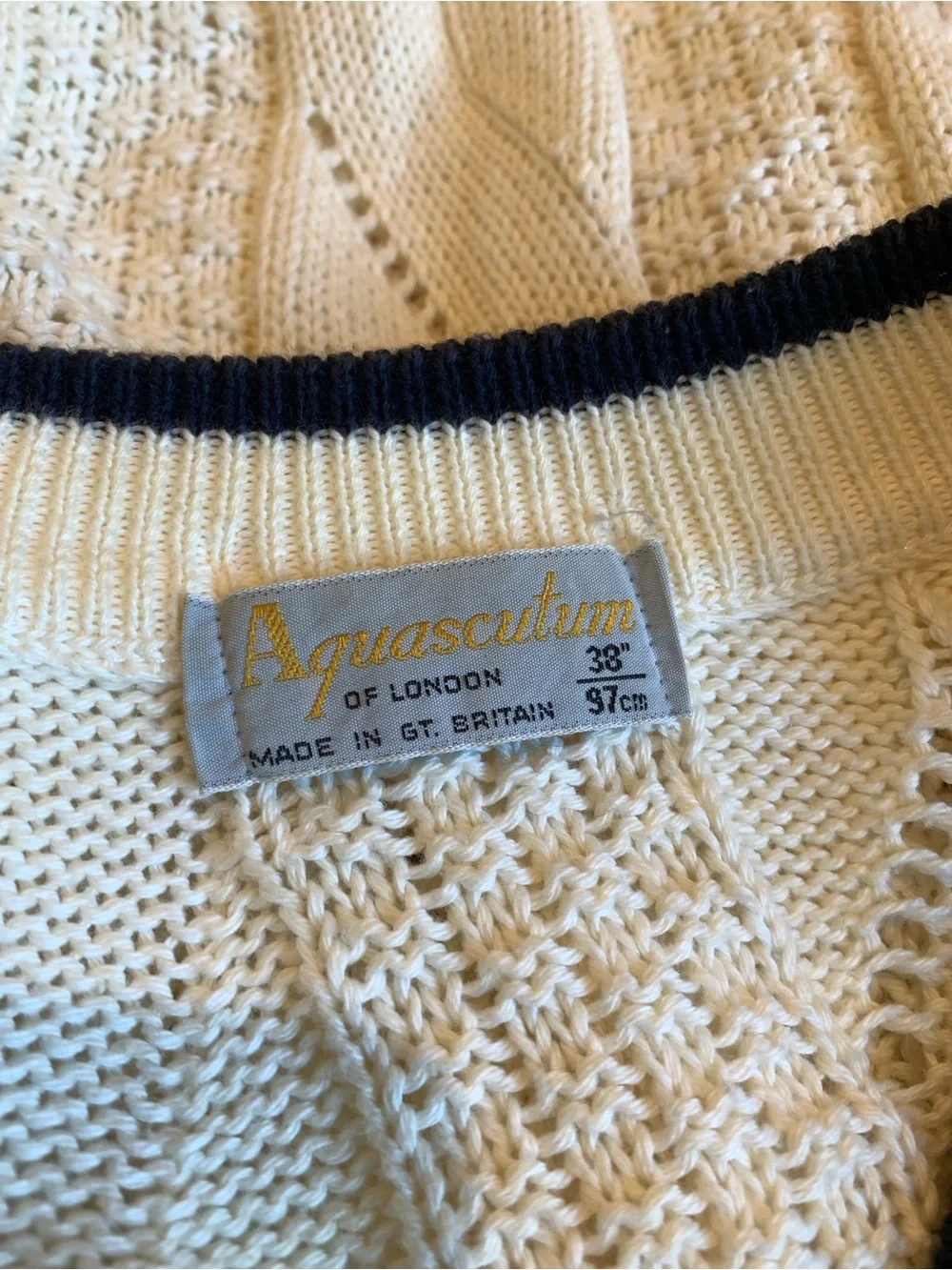 Aquascutum London Cream Cable Knit Cardigan with Navy Trim
